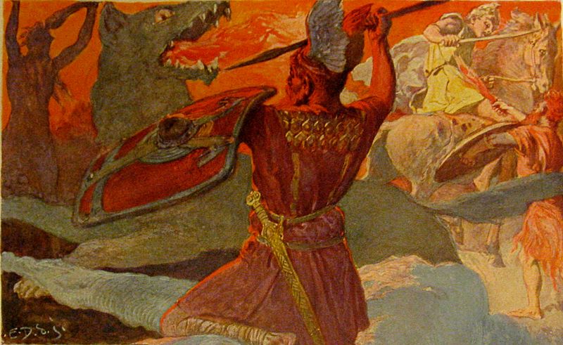 Odin and Fenriswolf, Freyr and Surt by Emil Doepler (1905)